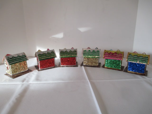 Six Christmas Putz Sequin Trinket/Match Box Houses - 4