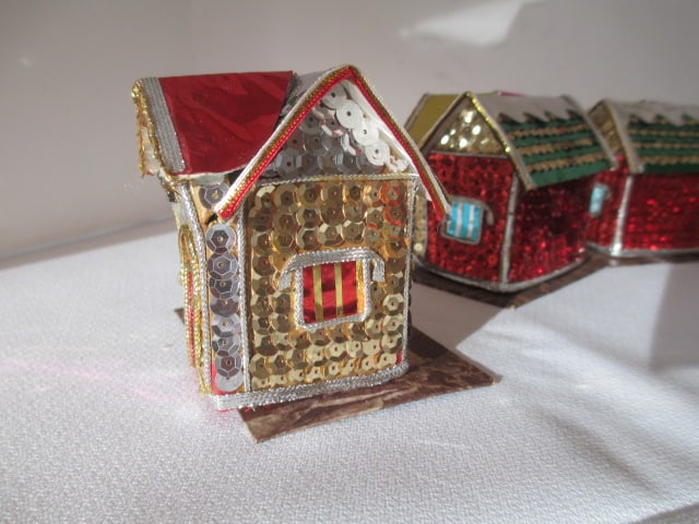 Six Christmas Putz Sequin Trinket/Match Box Houses - 5