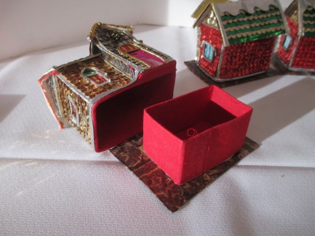 Six Christmas Putz Sequin Trinket/Match Box Houses - 6