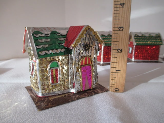 Six Christmas Putz Sequin Trinket/Match Box Houses - 7