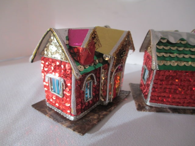 Six Christmas Putz Sequin Trinket/Match Box Houses - 8