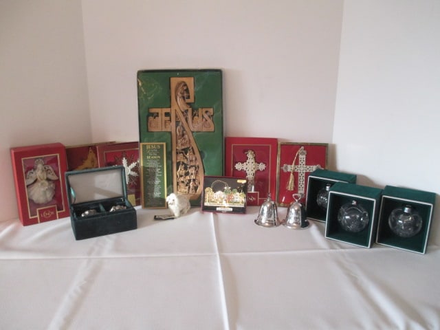 Five Lenox Porcelain Ornaments, Three Crystal Ball Ornaments, Two Reed&Barton: Annual Christmas Bells(one is musical), Gorham Silverplated Christmas Tree Salt/Pepper Shakers, National Treasures Brass "The Battery Charleston, SC" Ornament and Dickens "Jesus Is the Reason for the