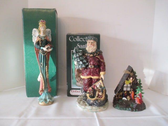 Midcentury Molded Plastic Alpine Nativity Figurine, Cedar Creek Collectible Santa and: Sculpted Angel Figure 