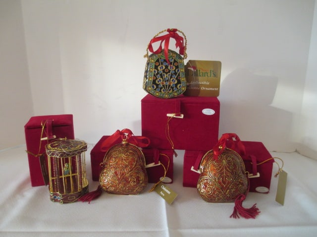 Four Dillard's Collectible Cloisonne Ornaments in Original Boxes: Bird Cage and Three Purses 