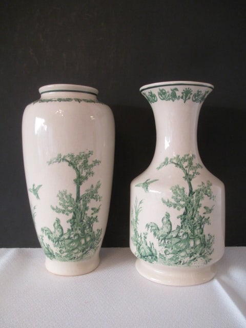 K's Collection Green Toile-Style Transferware Vases: both 7"h