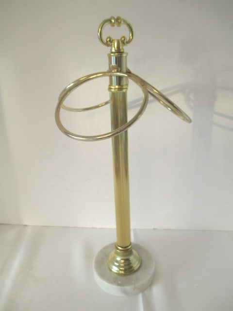 Midcentury Hollywood Regency Style Brass and Marble Face Towel Holder: 15"h, three ring towel holder on swivel 