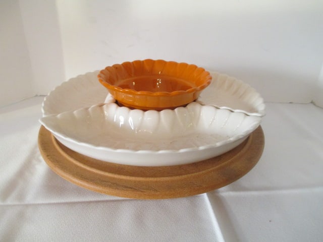 Midcentury California Pottery Lazy Susan Chip n' Dip Set: 12"dia 