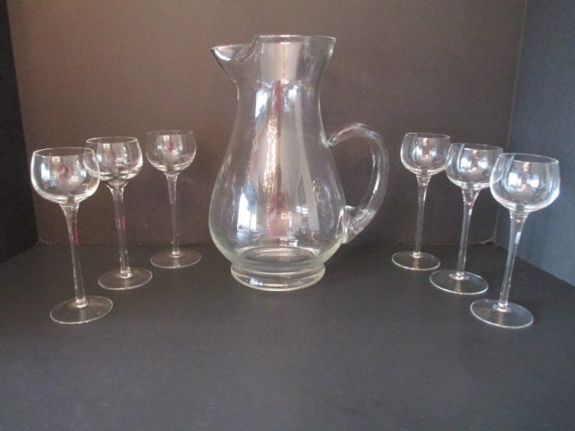 Colorless Art Glass 7 Piece Pitcher and Stem Set: Pitcher 10"h, (6)6"h port/sherry stems 