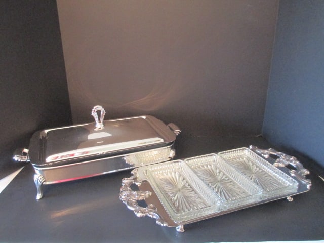Lunt Silverplate Footed Tray with Glass Dishes and Art Deco Style Silverplate Casserole Server: . 