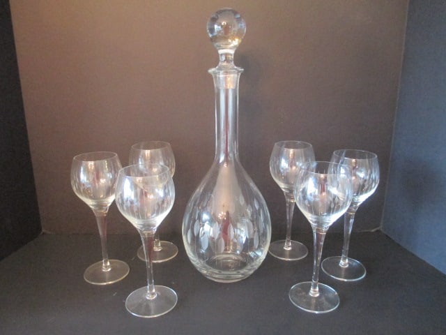 Etched Crystal Port Wine/Sherry Set: Decanter 14 1/2"h, (6)7"h stems