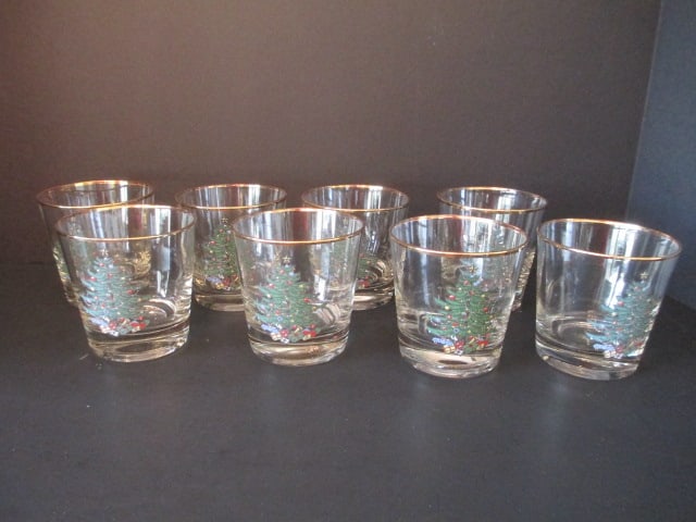 Eight Christmas Tree Old Fashions: 3 1/2"h, some wear to gold accent bands 
