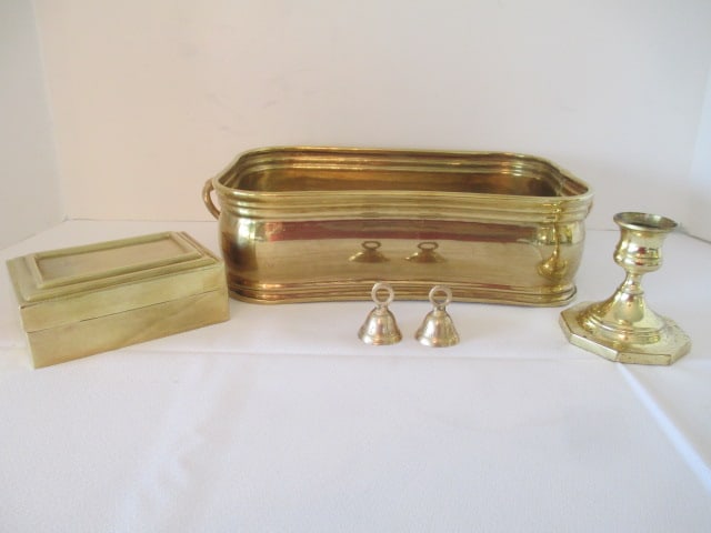 Baldwin Brass Candle Holder, Trinket Box, Two Small Bells and Centerpiece Planter: . 
