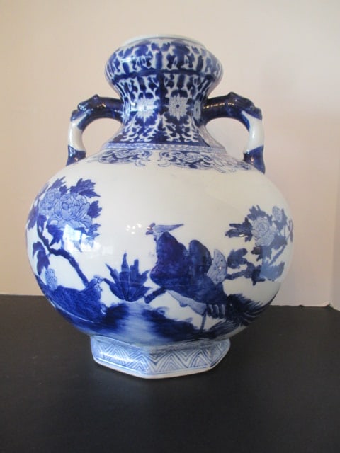 Lotus Arts Inc. Blue and White Porcelain Chinoiserie Double Handle Vase: 14 1/2"h, lotus flower and bird motifs on both sides 