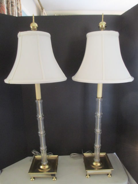 Pair of Brass and Glass Bamboo Buffet Lamps: 35"h, Local Pickup Only 