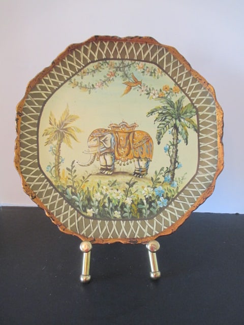 Handpainted "Coconut Safari" Charger with Brass Easel: 12"dia 