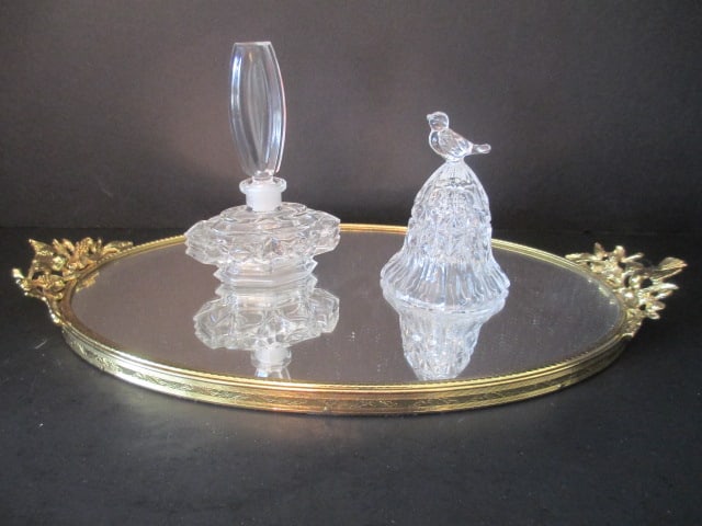 Gold Tone Mirrored Vanity Tray, Crystal Perfume Bottle and Crystal Bell: Tray 13 1/2" long tray, bird and flower handles, perfume bottle 5"h, bell 3 3/4"h 