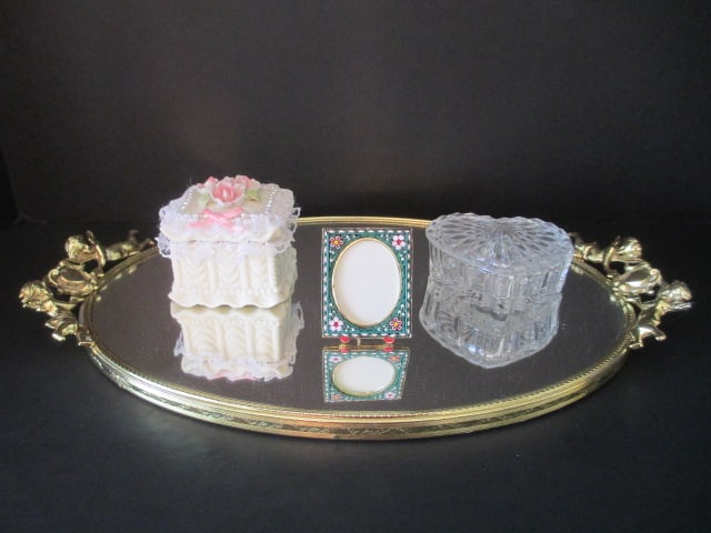 Gold Tone Mirrored Vanity Tray, Trinket Boxes and Micromosaic Photo Frame: Tray 15" long-cherub handle design 