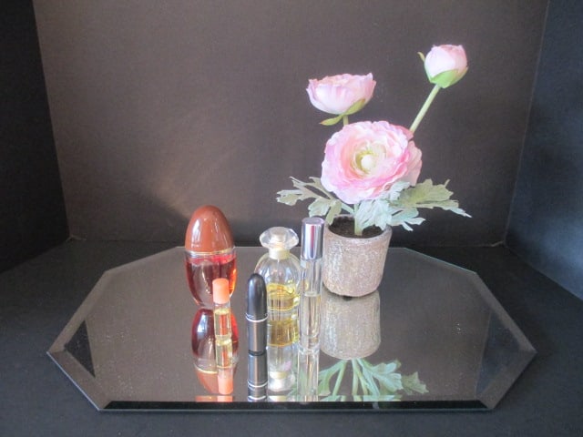Beveled Mirror Vanity Tray, Silk Flower and Collection of Designer Fragrances: Tray 18" long 