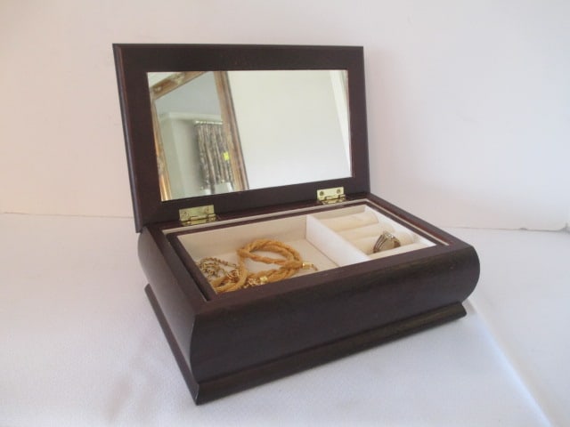 Wood Jewelry Box with Tapestry Lid and Contents of Fashion Necklaces and Ring: 8 1/4" x 5 1/4" x 3 1/4", see pictures for jewelry selection 