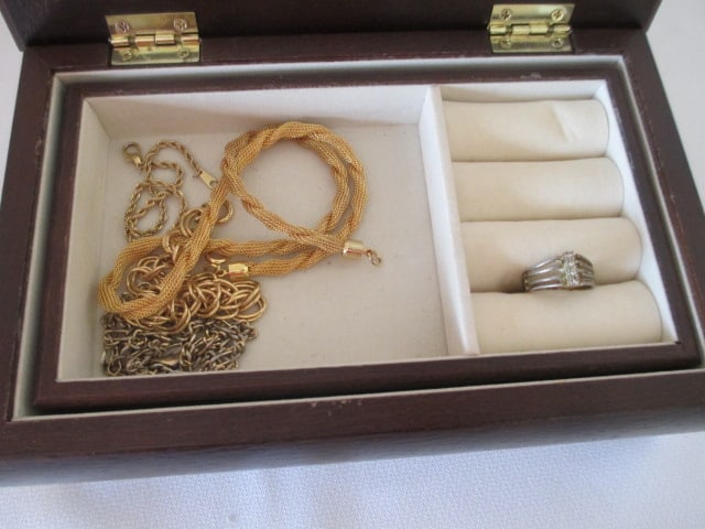 Wood Jewelry Box with Tapestry Lid and Contents of Fashion Necklaces and Ring - 3