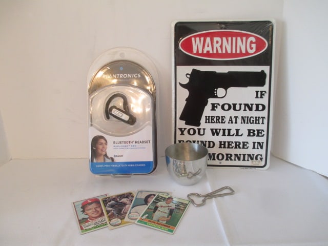 Embossed Metal "Warning" Metal Sign, New Old Stock Plantronics Bluetooth: Headset, Pepsi-Cola Bottle Opener, Kirk Pewter Engraved Jefferson Cup and Four 1970's Baseball Trading Cards 