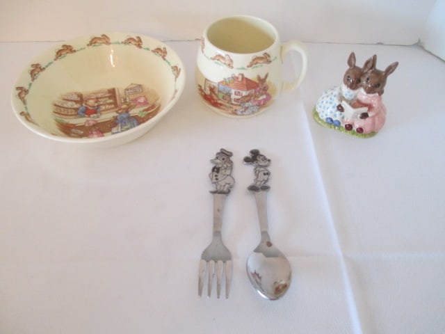 Royal Doulton Bunnykins "Storytime" Figurine and Toddler Cup and Bowl Set: and Bonny Walt Disney Prod. Child's Mickey Mouse and Donald Duck Fork/Spoon Set 