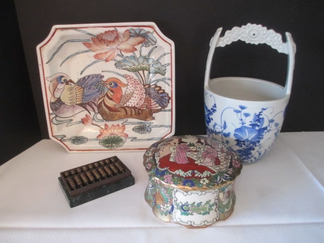 Chinese Porcelain Trinket Box, Plate, Cachepot and Abacus Paperweight: .