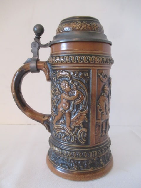 Gerz "Liechtenstein" Stoneware Stein with Pewter Trim Lid: 7 3/4"h 