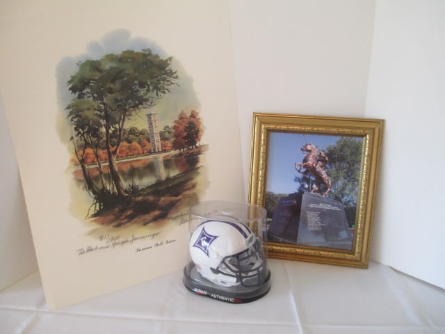 Furman University Memorabilia: Framed Photo Art Print of Paladin Statue by Mel Bell, Unframed Pencil Signed and Personalized Limited Edition "Furman Bell Tower" Print by Renato Moncini and Schutt Mini Furman Football Helmet.