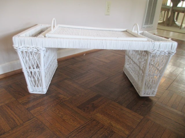 White Wicker Breakfast in Bed Tray: 36" x 14 1/4" x 11", serving tray is removable, Local Pickup Only 