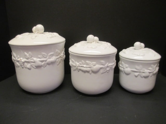 3 Piece White Ceramic Fruit in Relief Canister Set: . 