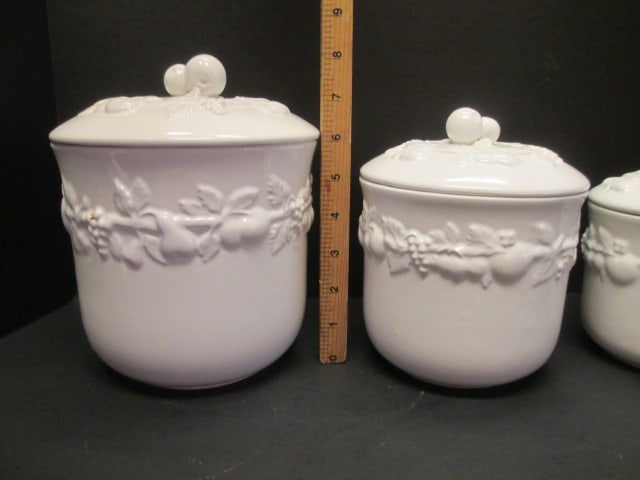 3 Piece White Ceramic Fruit in Relief Canister Set - 8