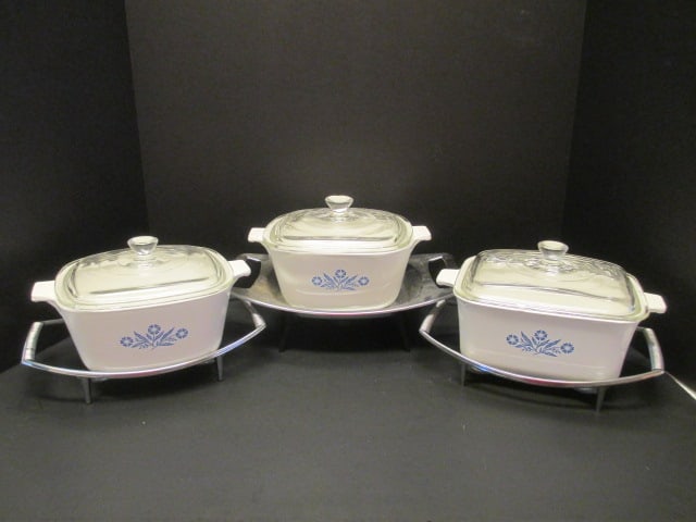 Three Corning Ware Blue Cornflower Casseroles with Trivets/Warming Stand (1 of 19)