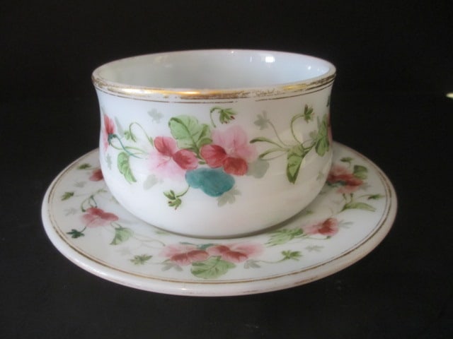Vintage Handpainted Milk Glass Condiment/Jelly Dish with Underplate: 3"h, some use/age wear to gold band 