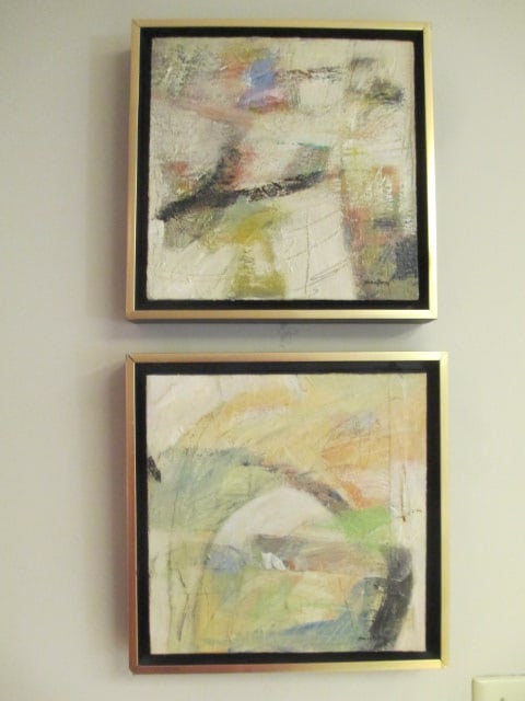 Local Anderson, SC Artist Nancy Perry "Going Around" and "The Way Home" Original: Abstract Framed Paintings. Both signed in lower right corner and titled in pencil on back of canvas stretcher. Both measure 13 3/4" square, few finish chips on corners of frames 
