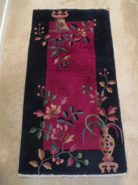 Navy and Burgundy Hand Knotted Chinoiserie Flower Vase Motif Wool Scatter Rug: 24" x 46", some age/use wear to fringe, Local Pickup Only 