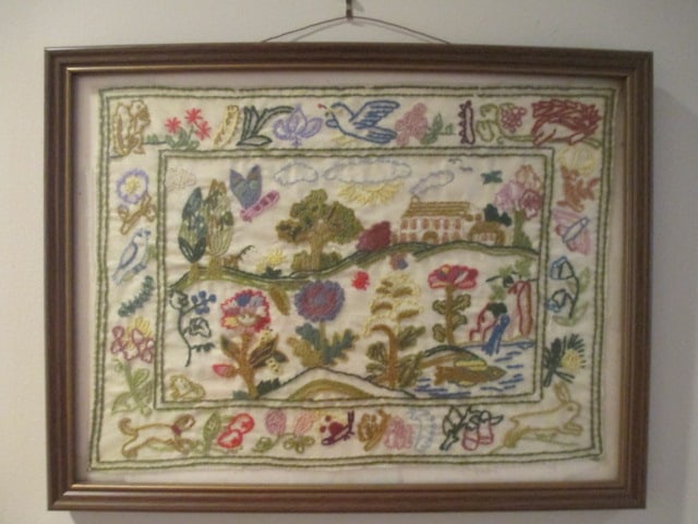 Framed and Mounted Vintage Embroidery Panel: 17" x 13" 
