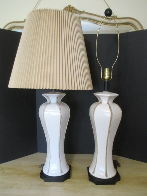 Pair of Tall Glazed Ceramic Vase Table Lamps with Wood Bases (1 of 9)