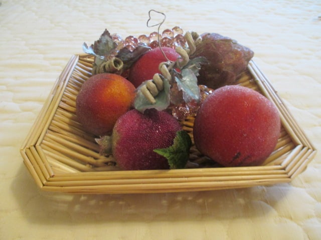 Woven Fruit Basket with "Iced" Texture Artificial Fruit and Acrylic Grape Clusters: .