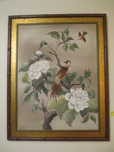 Lucien Leinfelder American Multi-Talented Artist and Concert Pianist Japanese Style: Handpainted Panel Depicting Flora Landscape with Songbird and Pheasant Acrylic on Board with Bamboo Frame. Artwork is signed in lower left corner, panel measures 39" x 49", Lucian Leinfelder passed
