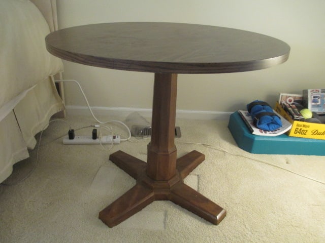 Retro Round Wood Grain Pedestal Base Side Table with Glass Top Protector: 30"dia x 25 1/2"h, molded pedestal base with wood grain finish top, Local Pickup Only 