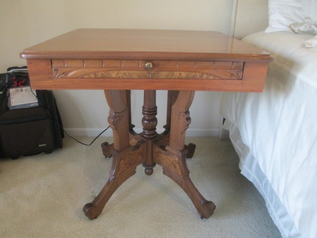 Antique Maysville Victorian Table with Drawer: 29 1/4" x 27" x 29", burlwood accents, dovetail drawers, porcelain casters, few small scuffs on top, Local Pickup Only 