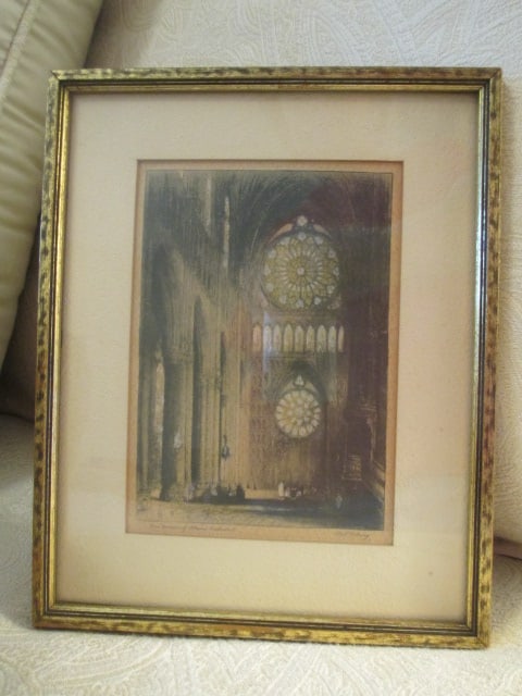Vintage Framed and Matted Hand Colored "Rose Window of Rheims Cathedral" Steel Etching: 6 3/4" x 8 1/2" 