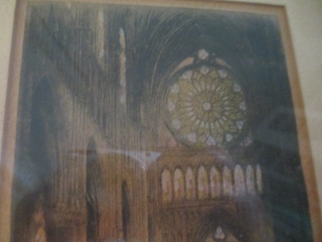 Vintage Framed and Matted Hand Colored "Rose Window of Rheims Cathedral" Steel Etching - 3