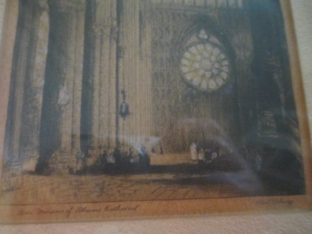 Vintage Framed and Matted Hand Colored "Rose Window of Rheims Cathedral" Steel Etching - 4