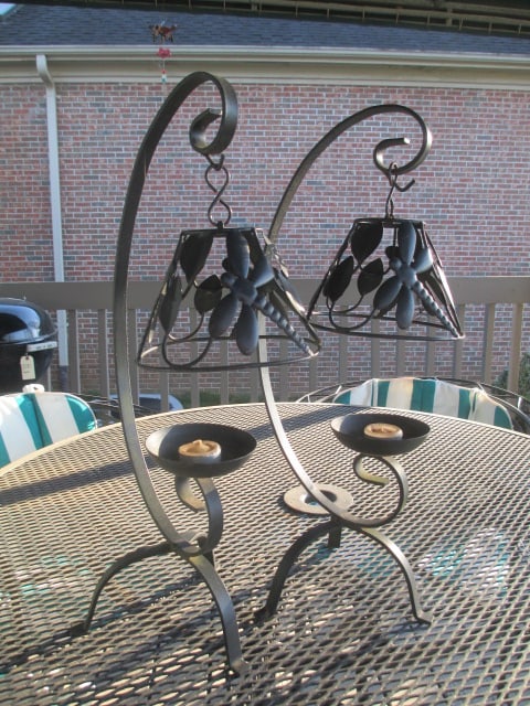 Pair of Wrought Iron Votive Candle Lanterns with Metal Dragonfly Shades: 20 1/2"h, Local Pickup Only 