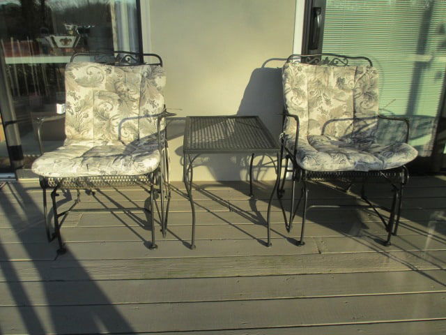 Pair of Black Metal Mesh Glider Arm Chairs and Rectangular Side Table (1 of 14)