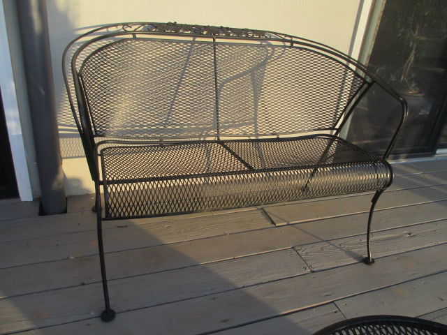 Black Metal Mesh Barrel Back Bench and Round Coffee Table - 11