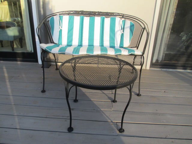 Black Metal Mesh Barrel Back Bench and Round Coffee Table: Bench 45 1/2" long, table 23"dia x 18"h, includes removable green/white striped canvas cushions, some paint flakes, Local Pickup Only 