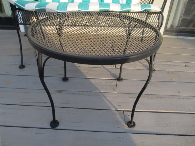 Black Metal Mesh Barrel Back Bench and Round Coffee Table - 2